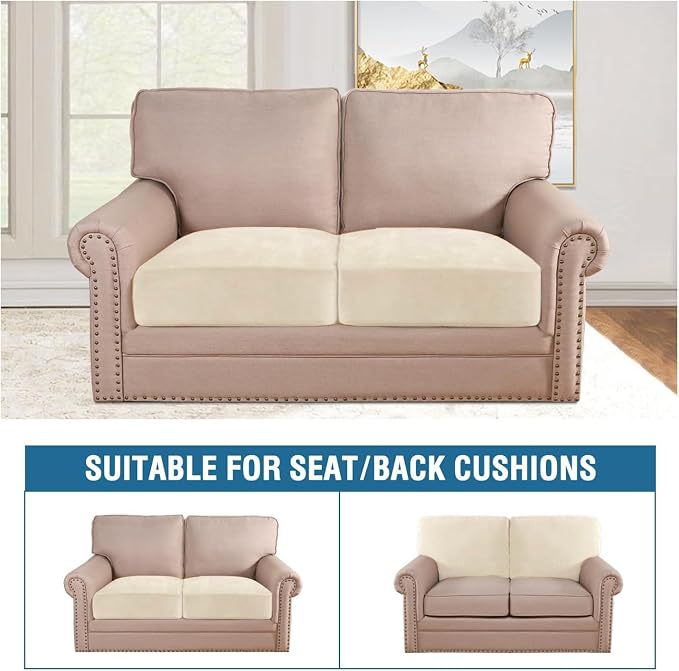 H.VERSAILTEX Velvet Stretch Couch Cushion Cover Plush Cushion Slipcover for Chair Loveseat Sofa Cushion Furniture Protector Seat Cushion Sofa Cover (2 Piece Large Sofa Cushion Covers, Cream) - Image 3