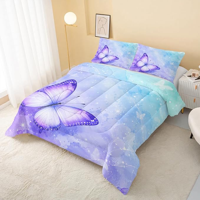 QOOMO Butterfly Comforter Queen Size Set - Watercolor Kids Bedding, 3Pcs With 2 Pillowcases, Down Alternative, Soft and Lightweight for All Seasons - Image 3