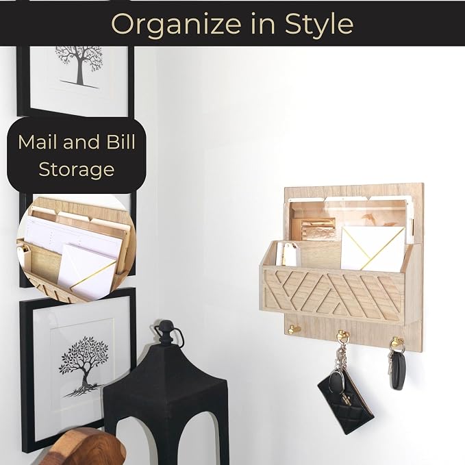 BLU MONACO Wall-Mounted Mail and Key Holder – Natural Wood 2-Tier Letter Organizer with 3 Hooks | Entryway Command Center for Mail, Keys, and Documents - Image 2