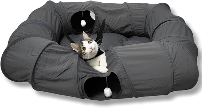 XxingSheep 4 Ways Shuttled XL Cat Tunnel Bed for Indoor Cats Peekaboo Cat Cave Donut with Cool Mat (Dark Gray) by XxingSheep