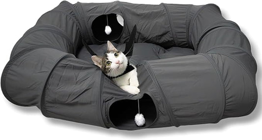 XxingSheep 4 Ways Shuttled XL Cat Tunnel Bed for Indoor Cats Peekaboo Cat Cave Donut with Cool Mat (Dark Gray) by XxingSheep