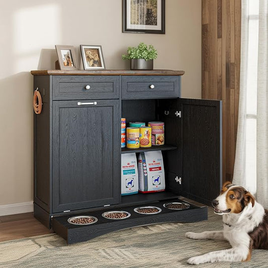 Double Door Dog Feeding Station with Storage, 10 Gallons Tilt Out Trash Can Cabinet, Dog Food Cabinet with Dog Bowls, Pet Organizer Cabinet for Kitchen/Living Room (Black, Double Door) by Furnivio