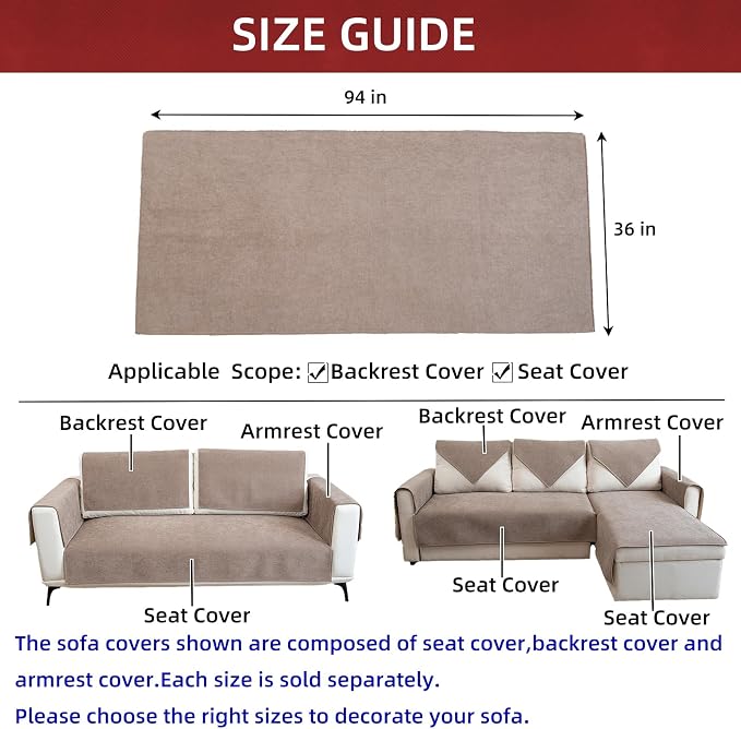 Couch Cover Sectional Couch Covers Non Slip Sofa Covers Washable for 3 Cushion Couch L Shaped Couch Protector Sofa Slipcovers for Kids Dogs Pets,Chenille,Camel, 36''x94''(Only 1 Piece) - Image 3