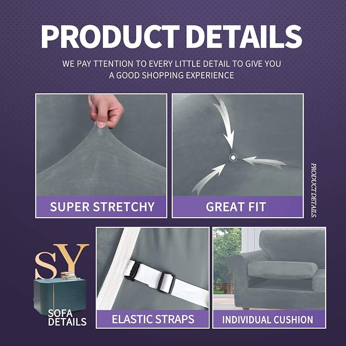 ZNSAYOTX Oversized Velvet Couch Cover 4 Piece (92"-115") Stretch Sofa Covers for 3 Cushion Couch Thick Soft XL-Slipcover with Non Slip Strap, Dog Pet Friendly Nice Furniture Protector (Light Grey) - Image 4