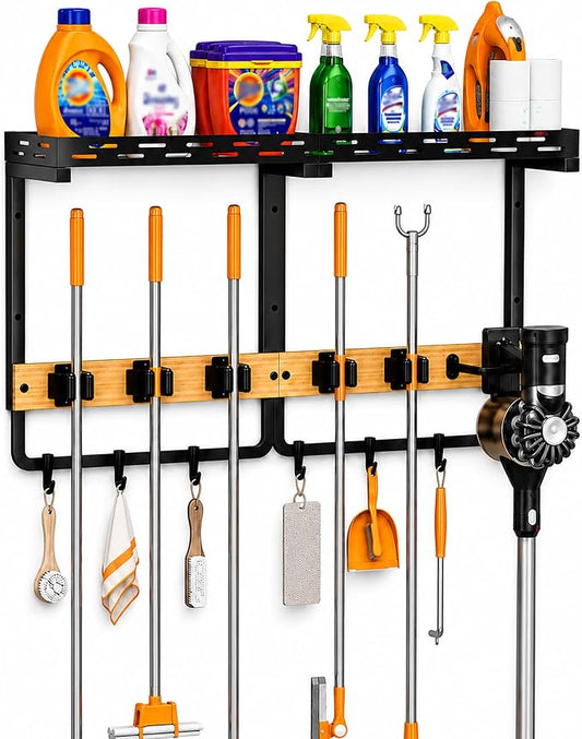 Large Broom Mop Holder Wall Mount with Shelf,5 Grips,6 Hooks,Vacuum Hook | 3-in-1 Cleaning Supplies Organizer,Broom Organizer,Top Shelf with Railing,Storage Rack for Laundry Utility Garages Kitchens, by TigerskiTools