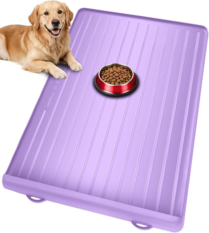 Cat Mat for Food and Water - 39.4" x 27" Thickened Large Dog Food Mat | Waterproof Pet Bowl Mat with Residue Collection Pocket and High Edges to Prevent Water and Food Spills - Purple by Yessotech