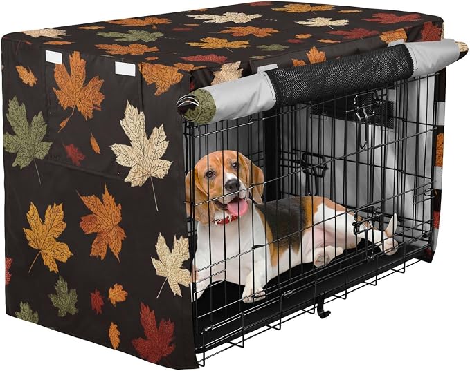 Dog Crate Cover Kennel Cover for Dog Cages Breathable for Wire Cage Indoor Outdoor Maple Leaves Black - Image 2