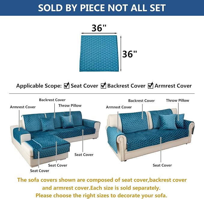 Eismodra Couch Cover,Sectional Couch Covers,Sofa Covers for 3 Cushion Couch,Anti-Slip Sofa Slipcovers for Dogs Cats Kids Loveseat Recliner L Shaped Armrest Backrest,Blue 36''x36''(Only 1 Piece) - Image 5