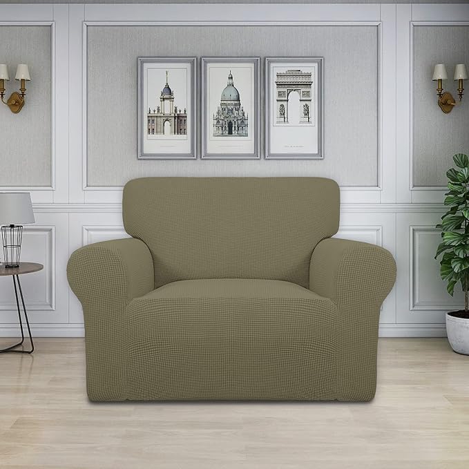 Easy-Going Stretch Oversized Chair Sofa Slipcover 1-Piece Couch Sofa Cover Furniture Protector Soft with Elastic Bottom for Kids Spandex Jacquard Fabric Small Checks Khaki | 1-Piece Large chair covers armchair Furniture Protector for Living Room chair ... - Image 2