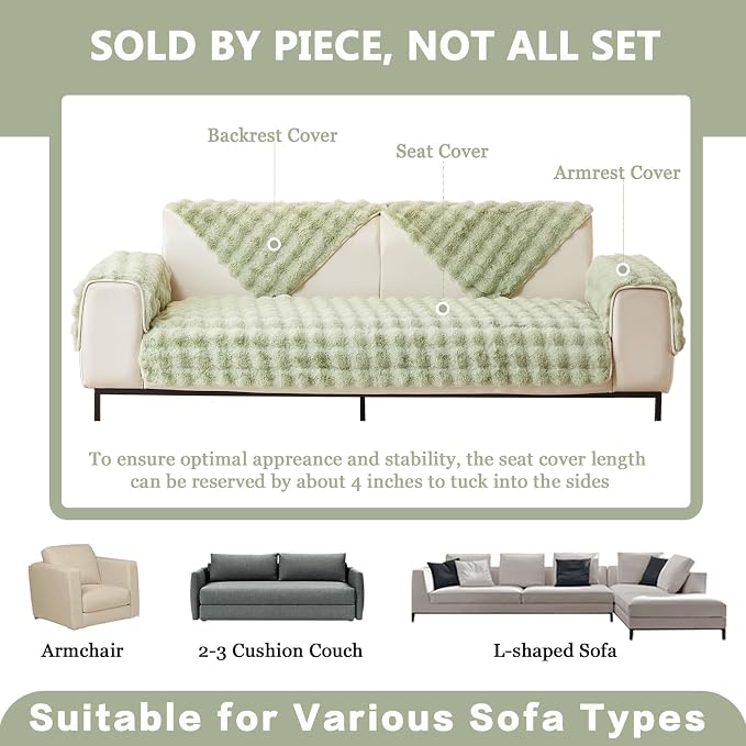 DREAMINGO Faux Fur Couch Seat Cover, Soft Plush Sofa Covers for Pet Washable, Non Slip Furniture Protector for 3 Cushion Couch Sofa Sectional, 35.4x82.7 Inch, Green - Image 3