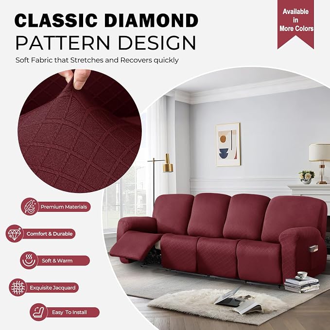 vctops Diamond Recliner Sofa Covers 10-Pieces Stretch Large RV Couch Covers for 4 Seats Reclining Slipcovers Soft Solid Furniture Protector (Wine Red,4 Seat) - Image 3