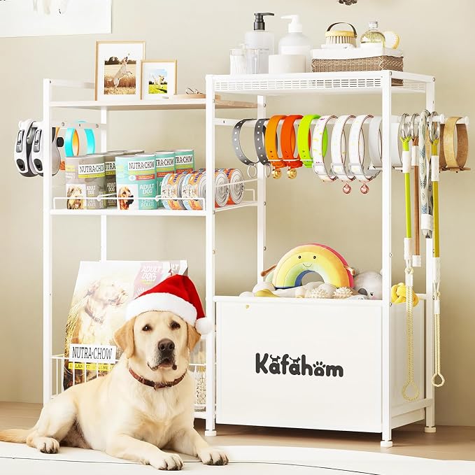 KAFAHOM Dog Toy Basket with Collar Leash Holder Hooks, Large Pet Bin, Dog Toy Box for Living Room Area, Cat Stuff Storage Organizer with Cabinet and Can Dispenser, Great Gifts for Pet Lovers by KAFAHOM