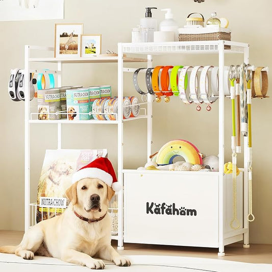 KAFAHOM Dog Toy Basket with Collar Leash Holder Hooks, Large Pet Bin, Dog Toy Box for Living Room Area, Cat Stuff Storage Organizer with Cabinet and Can Dispenser, Great Gifts for Pet Lovers by KAFAHOM