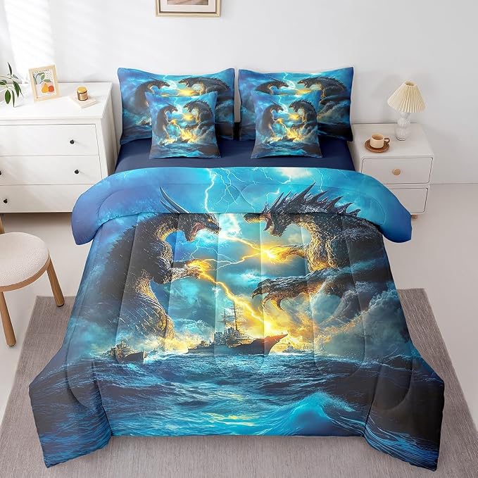 Erosebridal Dragon Bedding Bed in a Bag 7-Piece 3D Dragon Animal Printed Comforter Set with Sheets for Boys Girls Monster Theme Bedding Set Soft Lightweight Bed Set Queen Size by Erosebridal