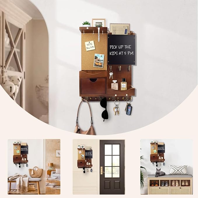 Key Holder Wall Mount， Mail Organizer Key Holder for Wall with Shelf, Drawer, Chalkboard, Corkboard, Home Decor Wall Mounted for Room Entryway(Vintage Brown) - Image 9