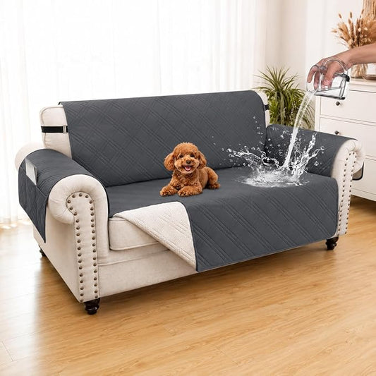 100% Waterproof Couch Cover for Dogs, Anti-Slip Washable Sofa Cover with Elastic Straps & Side Pockets, Durable Furniture Protector for Kids & Pets (Loveseat 46", Gray) by Unknown