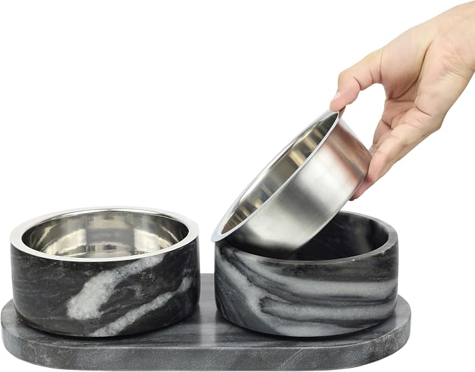 DBL1000D Marbre Small/Medium Modern Weighted Double Marble and Stainless Steel Bowl 12oz (1.5 Cups) Feeder with Non-Slip Marble Tray Set, Black/White - Image 7