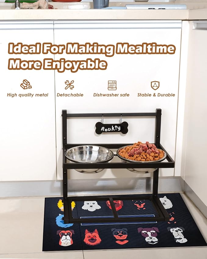 Elevated Dog Bowls with Slow Feeder & Mat, Adjusable Height Raised Dog Bowl Stand with 2 Stainless Steel 1200ML Bowl - Image 6