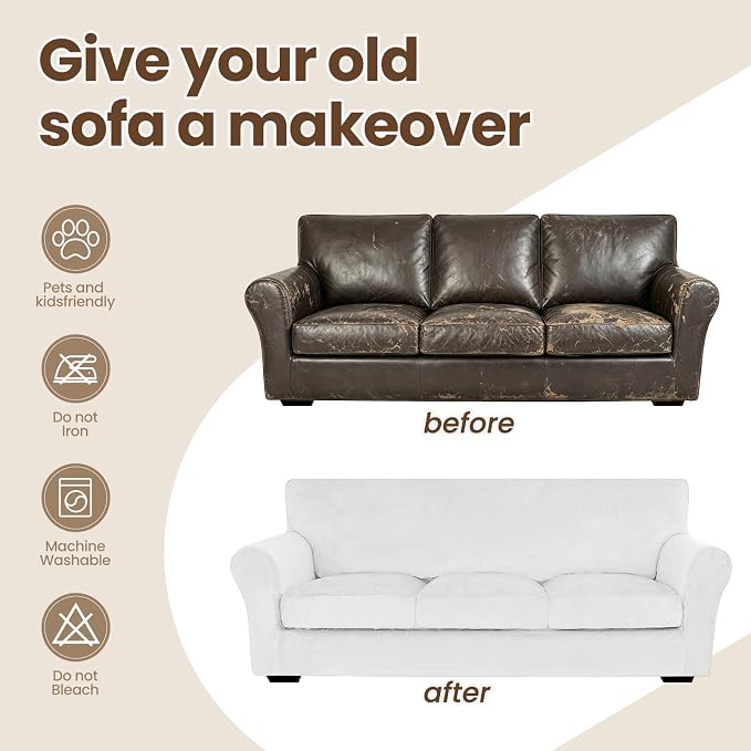 XINEAGE 3-Piece Velvet Sofa Cover,Couch Covers for Dog,White | 2 Cushion Sofa,Stretch Non-slip Elastic, Pet-friendly, Washable, Fast Setup, Soft Plush Fabric, Furniture Protector. - Image 8