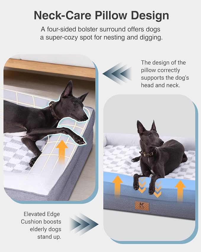 KSIIA Big Dog Bed for XL Dogs, Orthopedic Egg-Crate Memory Foam Pet Bed with Sides, Waterproof Lining and Non Slip Pet Couch with Removable Washable Cover, 44 x 32 Inch, Grey - Image 3