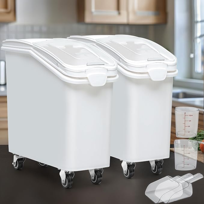YITAHOME 21-Gallon Food Storage Container Bulk Flour Bin, Large Ingredient Storage Bin with Wheels, Measuring Cup & Scoop, for Kitchen/Dining Room, Commercial Rice Container, 2 count,White - Image 2