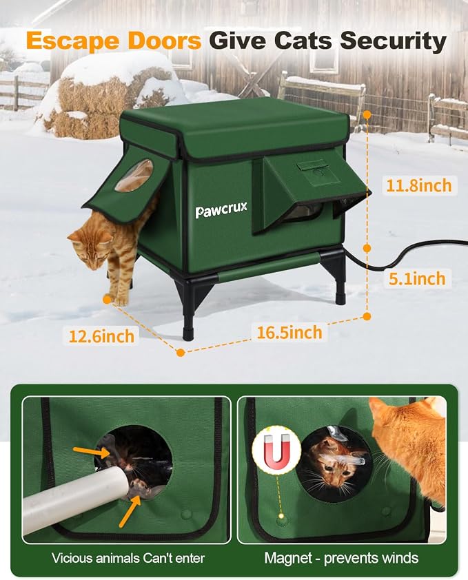 Weatherproof Heated Cat House for Outdoor in Winter, Heated Cat Bed Kitty Shelter with Cat Heating Pad, Insulated & Safe Escape Door, Warm House for Outside Stray Cat (Green, 12"x16"x16") - Image 6