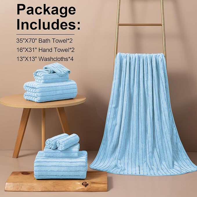 Mistyrose Blue Bath Towels - 8 Pack Large Absorbent Microfiber Set - 2 Oversized Bath Sheets, 2 Hand Towels, 4 Washcloths for Family, Hotel, Spa, Gym - Image 6