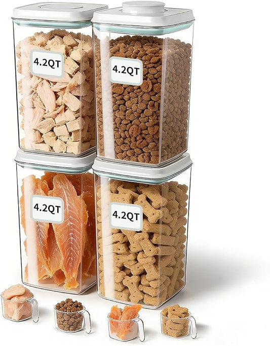 Dog Food Storage System with One-Touch Lid, (4 ×4.22 QT / 4.0 L) Best Value BPA-Free Cat Food Storage Container，Stackable Durable PET with 130ml Scoop, for Complete Kibble & Supply Organization by EQI