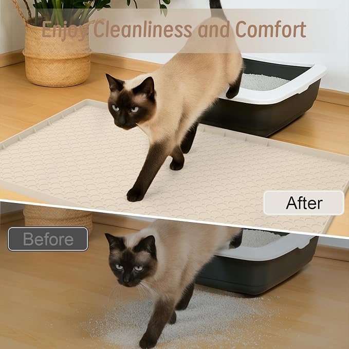 Large Cat Litter Mat 34"x22", Cat Litter Trapping Mat For Litter Box, Silicone Pet Feeding Mat With Raised Edges Waterproof, Beige - Image 4