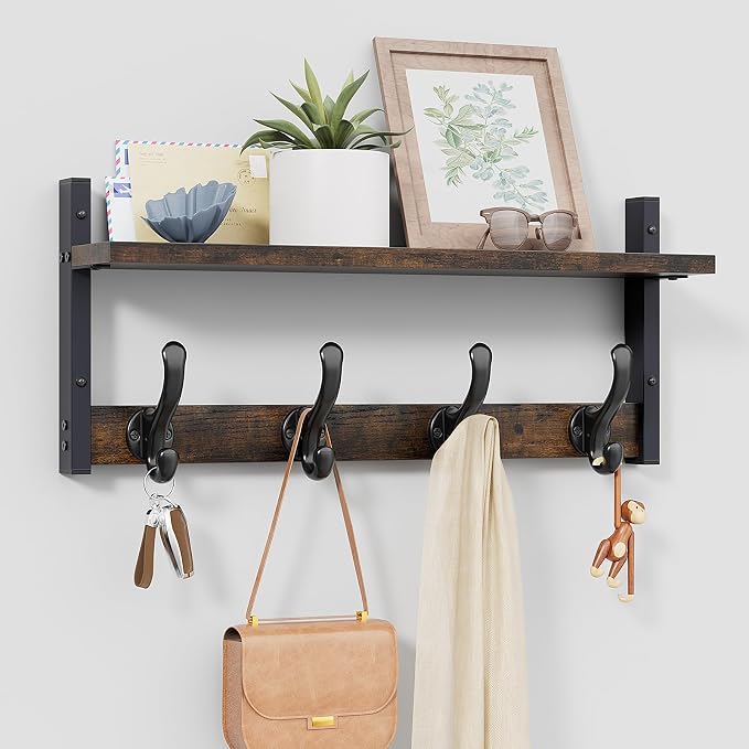 Tatub 20" Rustic Coat Rack Wall Mount with Shelf, Wall Hooks with Shelf, Heavy Duty Entryway Organizer Hangers for Hanging, Hat, Bag, Jacket for Bathroom, Living Room, Bedroom, Rustic Brown by Tatub
