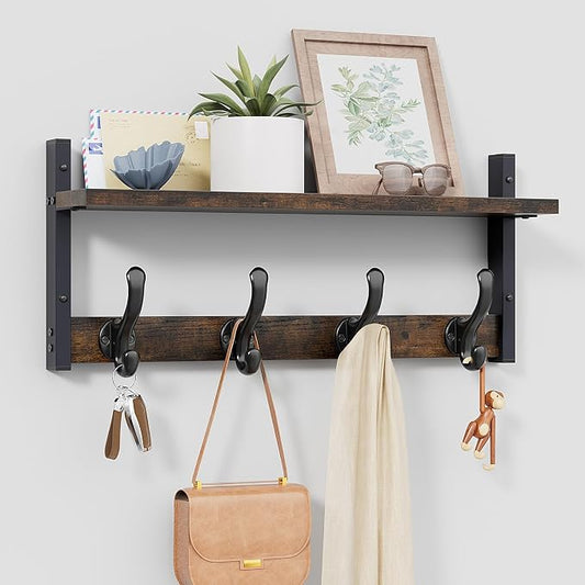Tatub 20" Rustic Coat Rack Wall Mount with Shelf, Wall Hooks with Shelf, Heavy Duty Entryway Organizer Hangers for Hanging, Hat, Bag, Jacket for Bathroom, Living Room, Bedroom, Rustic Brown by Tatub