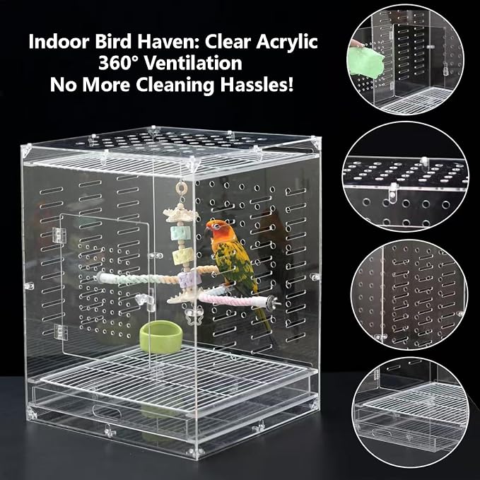 Clear Acrylic Bird Cage for Small Birds, Transparent Display Habitat for Canary, Parakeet - Easy to Clean & Assemble (14x15x20in) - Image 4