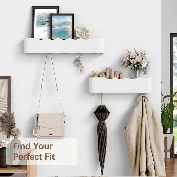 Coat Rack Wall Mount with Hidden Hooks, Wall Hooks with Shelf, Wall Key Holder Mount Wooden Shelf Entryway Hooks for Bedroom Bathroom for Hanging Coats Hats Bags Towels (White Wave-Shape, 5 Hooks) - Image 7