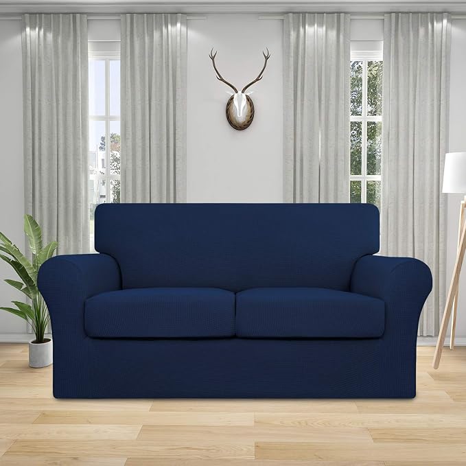 Easy-Going 3 Pieces Stretch Couch Cover Sofa Cover for Dogs Washable Sofa Slipcover for 2 Separate Cushion Couch Spandex Jacquard Fabric Elastic Furniture Protector for Pets, Kids (Navy, Loveseat) - Image 2