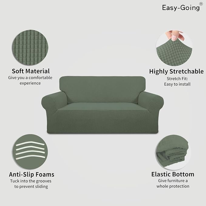Easy-Going Stretch Oversized Loveseat Couch Covers Washable Greyish Green | 1-Piece Large Loveseat Cover for 2 Cushion Couch Furniture Protector RV Sofa Slipcover Soft with Bottom for Kids Pets - Image 3