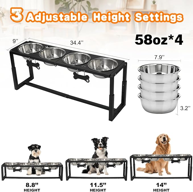 Metal Elevated Dog Bowls for Medium/Large Breed, 3 Adjustable Height(8.8"/11.5"/14") Raised Dog Bowls Stand with Four 58oz Stainless Steel Bowls, for Neck & Joint Protection - Image 4