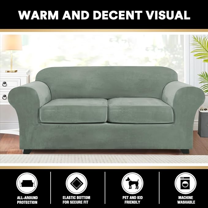 PrinceDeco Couch Cover Velvet Plush Sofa Covers for 2 Cushion Couch Width Up to 90 Inch Washable Furniture Protector Pet Friendly No Slip Sofa Slipcover(Medium-Large, Seagrass) - Image 6
