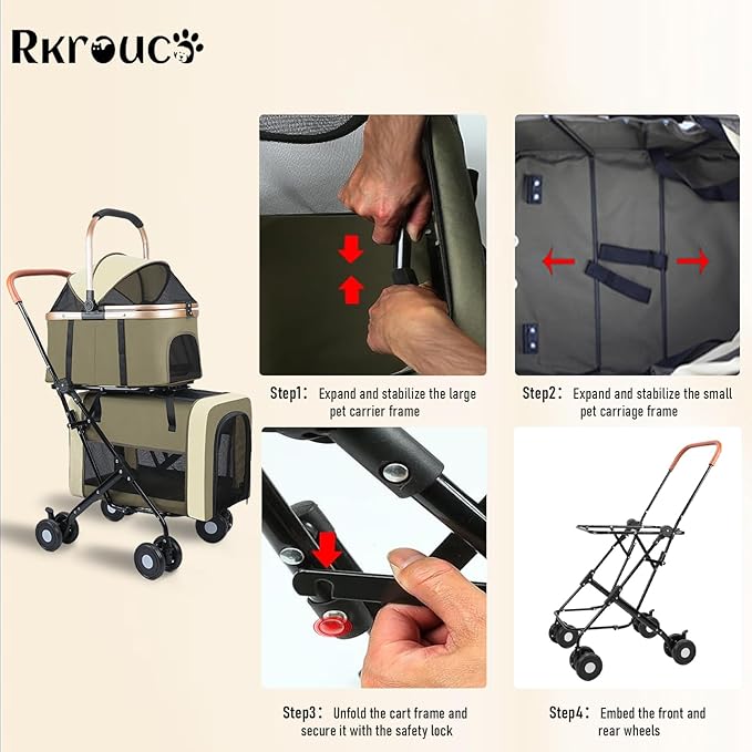 Foldable Double Pets Stroller for Dog Portable Cat Strollers for Small Medium Pet with Detachable Carriers Flexible Lockable Wheels Lightweight Dogs Jogger Strolling Cart Up to 77Lbs (Brown)