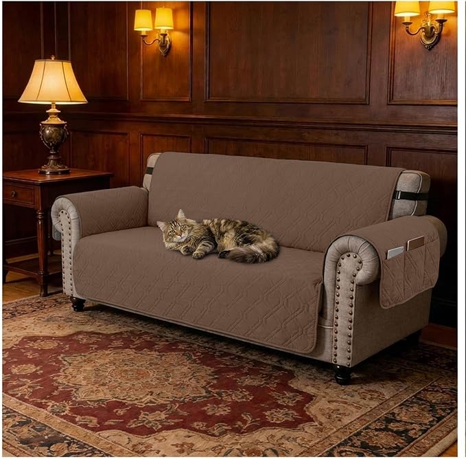 100% Waterproof Quilted Couch Cover,Straps&Pockets,68" Darkbrown | Washable sofa cover, pet-friendly, scratch-resistant furniture protector, quilted sofa cover, reversible, non-slip backing. - Image 7