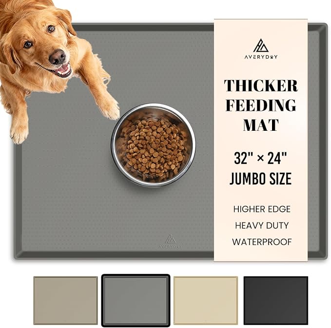 AVERYDAY 100% Waterproof Thicker Silicone Dog Food Mat, 0.63'' Raised Edge Bowl Mat for Food & Water, Non Slip Pet Feeding Placemat for Messy Drinkers, Perfect for Large Medium Small Breeds, 32"x24" by YourAveryDay