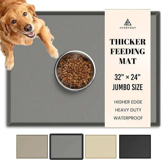 AVERYDAY 100% Waterproof Thicker Silicone Dog Food Mat, 0.63'' Raised Edge Bowl Mat for Food & Water, Non Slip Pet Feeding Placemat for Messy Drinkers, Perfect for Large Medium Small Breeds, 32"x24" by YourAveryDay