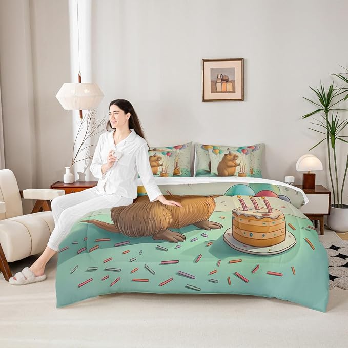 Erosebridal Cute Beaver King Size Comforter Set with Sheets, Wild Animal Bed in A Bag for Kids Teens Youth Adults Bedroom, Wildlife 7 Pcs Bedding Set, Happy Birthday Cake Candle Balloon Bed Sets - Image 6