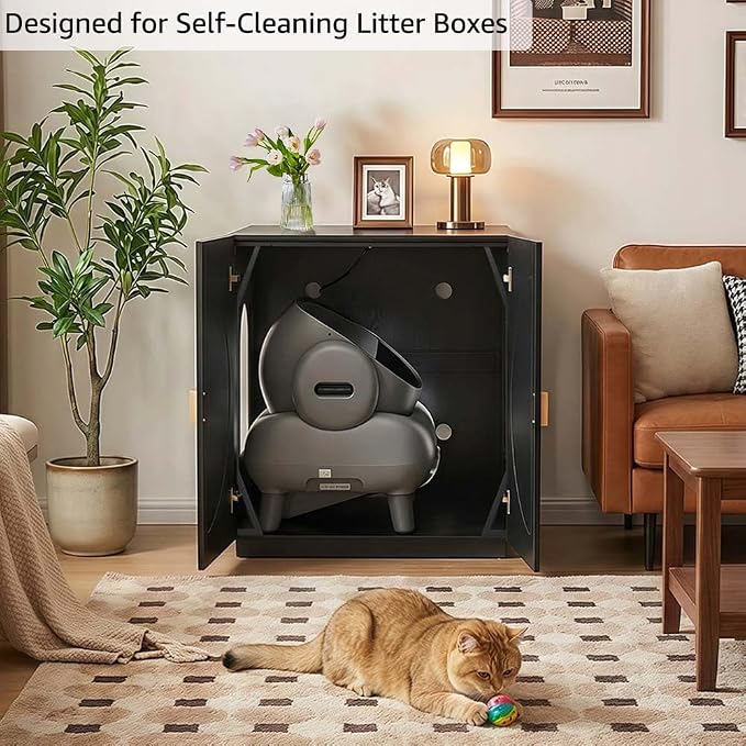 unipaws Cat Litter Box Enclosure for Self-Cleaning & Automatic Litter Boxes | Extra Large Cabinet with Charging Station, Wooden Dog Proof Hidden Cat House for Top Entry Litter Box - Image 7