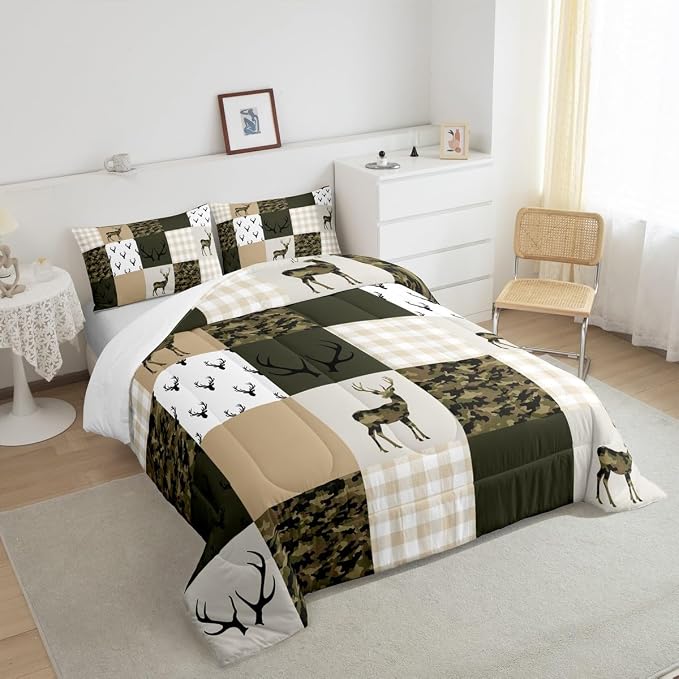 Homewish Camouflage Comforter Set Twin Size Woodland Camo Quilt Set Green and Beige Plaid Print Bedding Set 2pcs for Kids Boys Teens Room Decor, Animal Deer Antlers Duvet Insert with 1 Pillowcase - Image 8