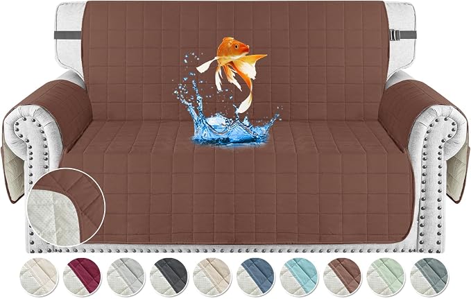 MAXIJIN Waterproof Love Seat Couch Covers 2 Cushion Sofa, 49" Quilted Loveseat Cover Slipcovers for Pets Dog Couch Cover Protector with Elastic Strap & Side Pocket (Loveseat, Coffee) by MAXIJIN
