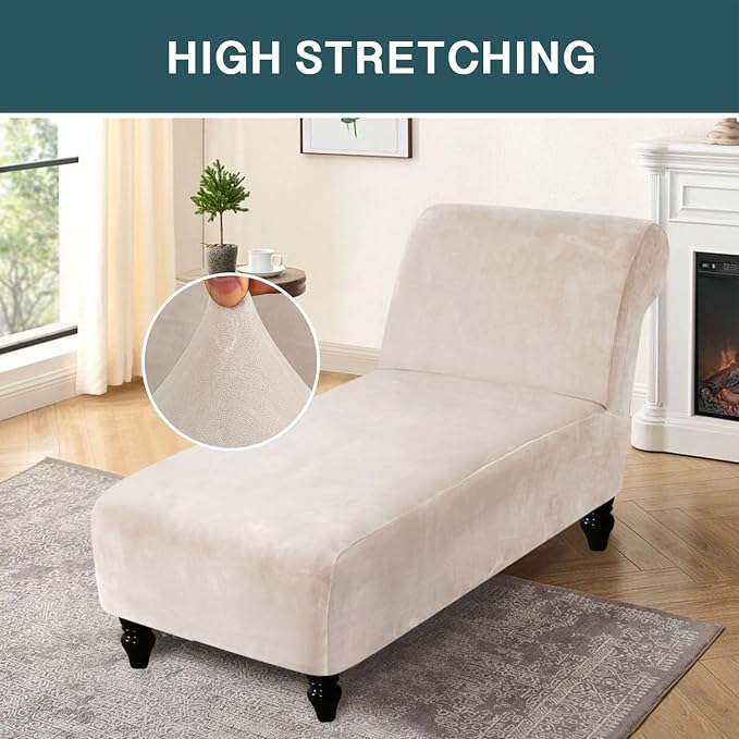 FantasDecor Chaise Lounge Velvet Luxury Covers for Living Room Indoor Stretch Slipcover for Chaise Lounge Ultra Soft Machine Washable, Ivory - Image 2