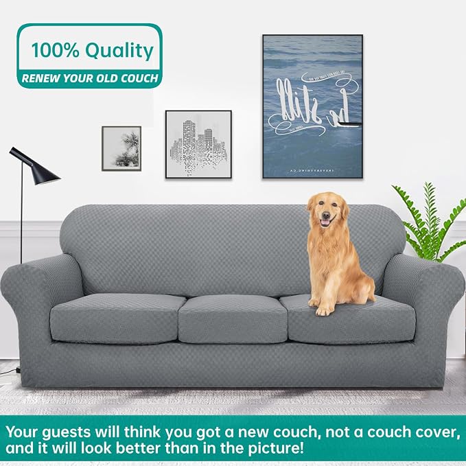 YEMYHOM Latest Checkered 4 Pieces Couch Covers for 3 Cushion Couch Extra Large High Stretch Thickened Sofa Cover for Dogs Pets Furniture Protector Sofa Slipcovers (Light Gray), 91"-110"(3 Cushions) - Image 2