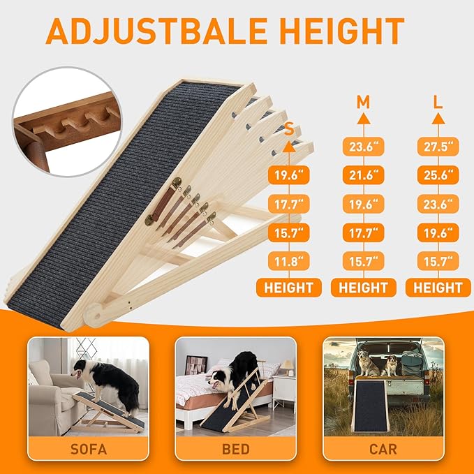 Dog Ramp for Bed Couch - Pet Steps Stairs to Get on Bed Couch 11.8"-27.5" High for Small or Large Dog Up to 200 lbs, Adjustable Wooden Dog Ramp Steps Foldable Portable, Anti-Slip Carpet (L-Natural)