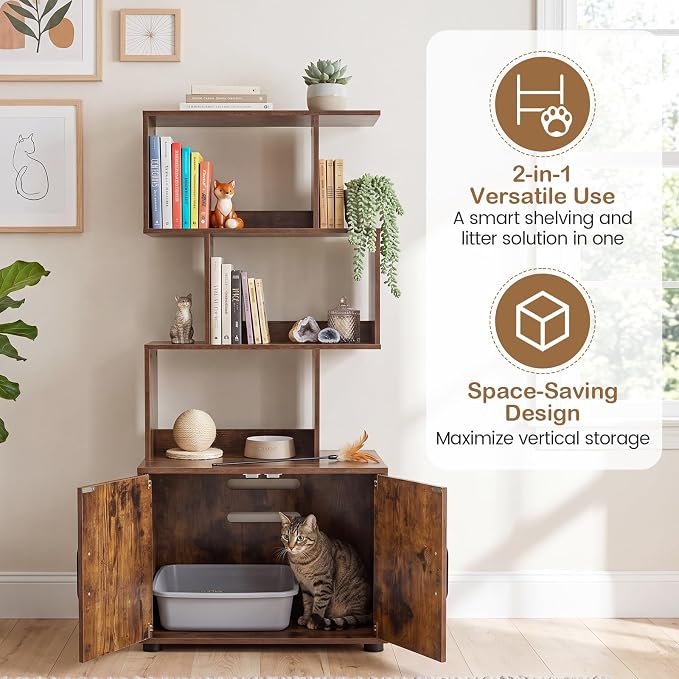 PETSITE Cat Litter Box Furniture with 3 Shelves and Doors, 56 inch Tall Cat Box Enclosure with Display Shelves and Side Entry, Indoor Hidden Litter Box with Decorative Storage Shelving (Rustic Brown) - Image 5