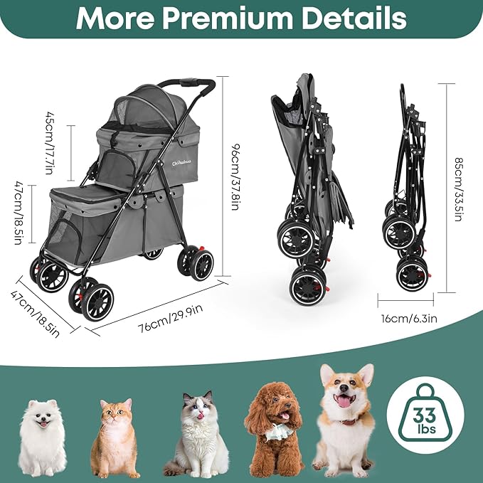 Double Pet Stroller for Dogs and Cats,Cat Strollers for 2 Cats,Double Dog Stroller for 2 Small Medium Dogs,4 Lockable Wheels/Lightweight/Folding,Grey